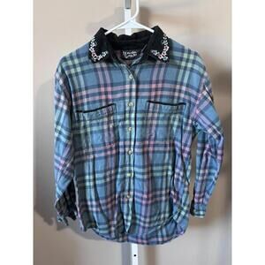 Lemon Grass Embroidered Collar Plaid Flannel Shirt Women’s M